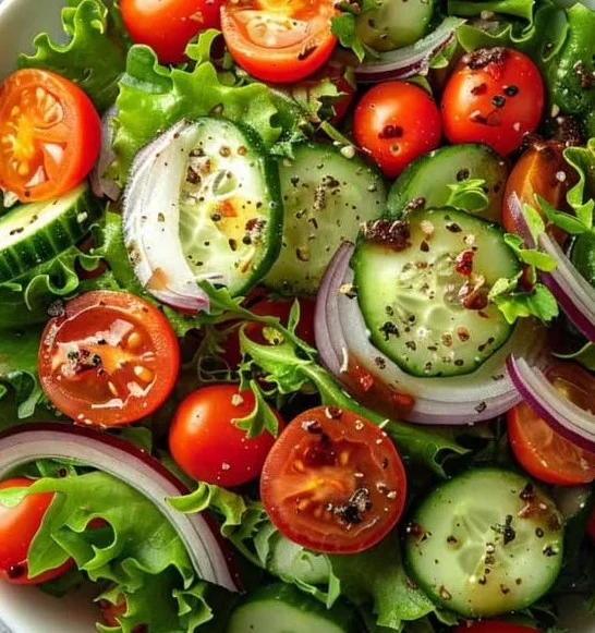Fresh garden salad with colorful vegetables and dressing