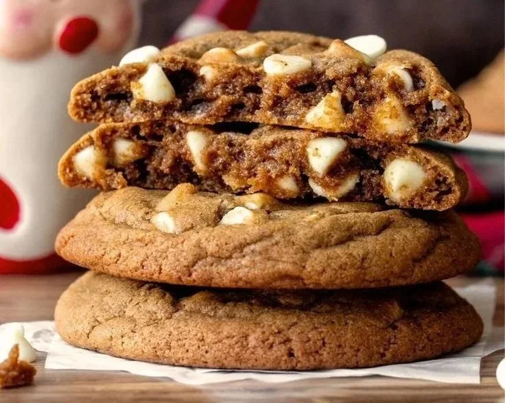 Freshly baked gingerbread white chocolate cookies displayed on a holiday plate.