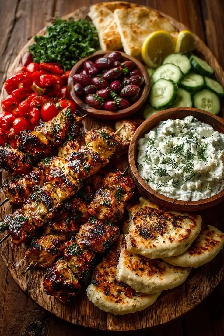 Greek chicken souvlaki grazing board featuring feta dip and fresh vegetables