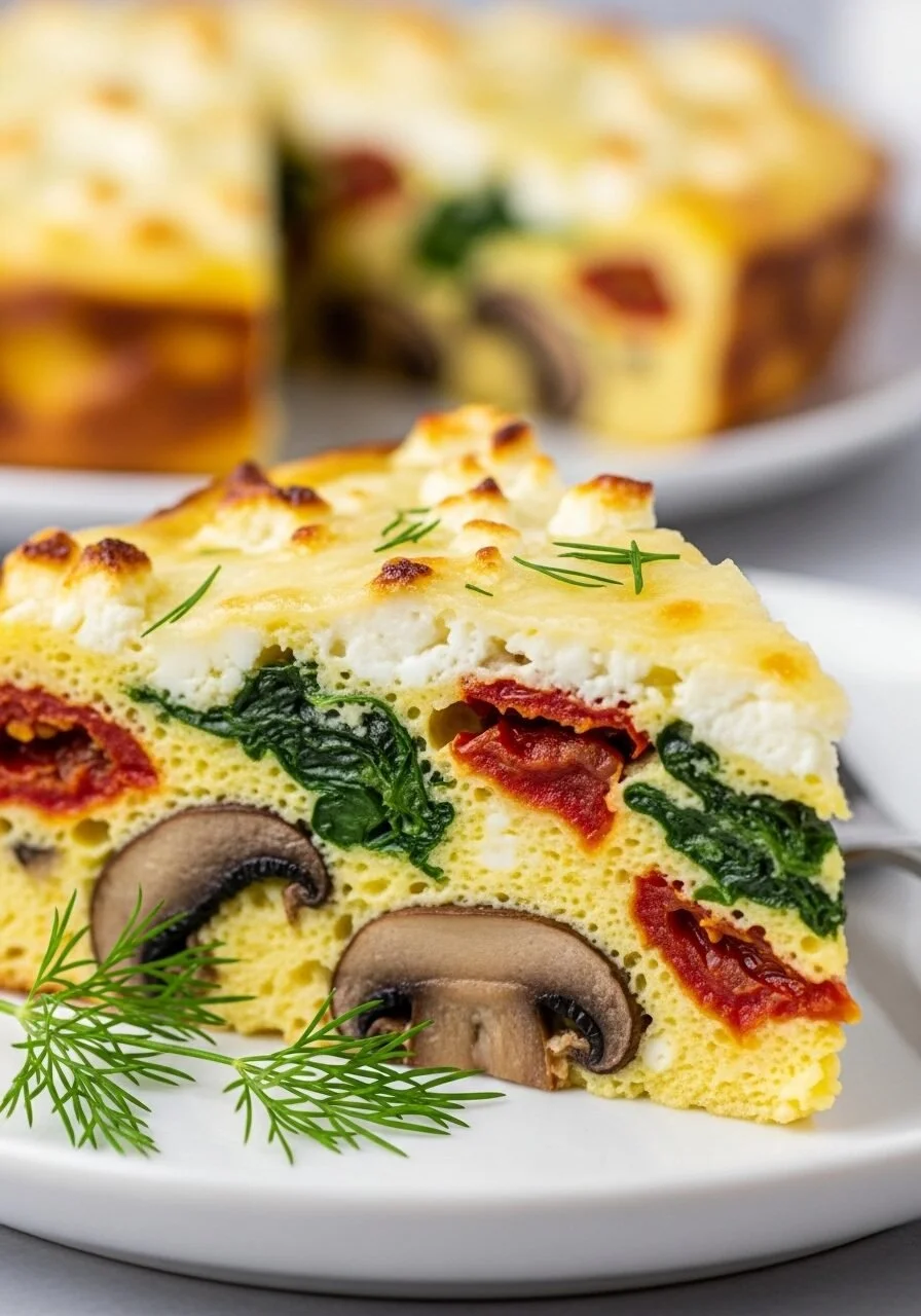 Delicious Greek Crockpot Breakfast Casserole topped with fresh ingredients.