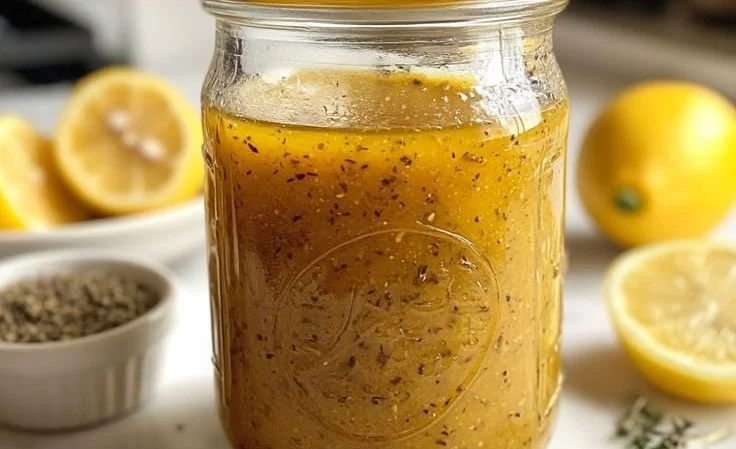 Bowl of Greek dressing made with red wine vinegar and Dijon mustard