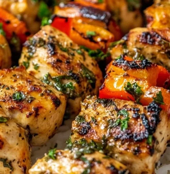 Greek marinated chicken kabobs skewered and grilled, showcasing vibrant flavors.