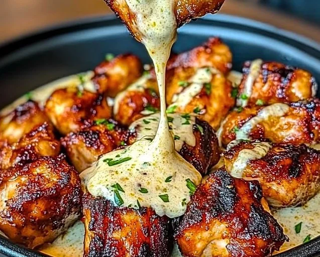 Grilled chicken bites with creamy garlic sauce on a plate
