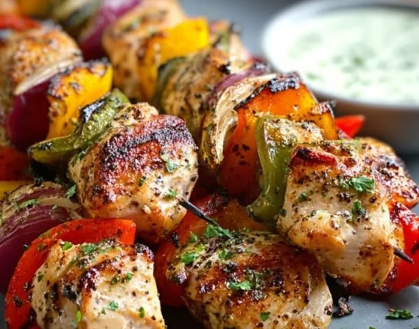 Delicious grilled chicken kabobs on skewers ready for serving.