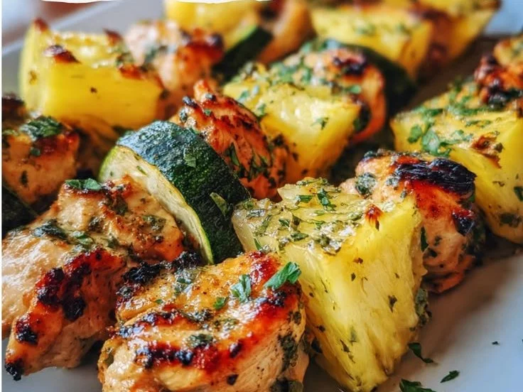 Grilled chicken kabobs with pineapple and zucchini on a serving plate