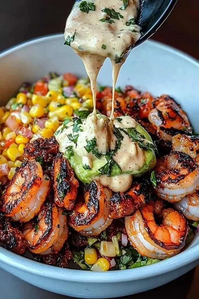 Grilled Shrimp Bowl with avocado, corn salsa, and creamy garlic sauce on a plate