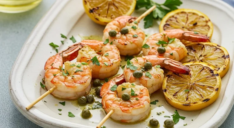 Grilled shrimp piccata skewers marinated with lemon and capers