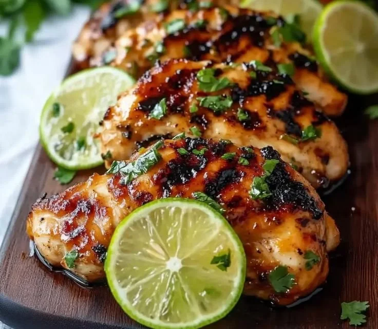 Juicy grilled spicy honey lime chicken on a plate garnished with lime slices.