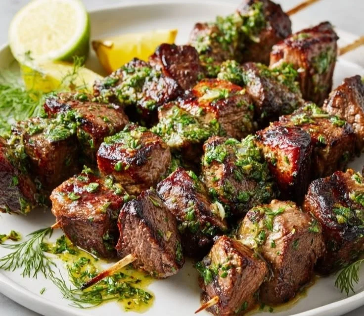 Delicious grilled steak kabobs served on a plate with fresh vegetables