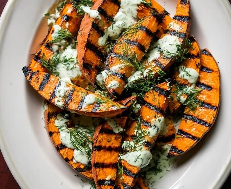 Grilled sweet potatoes served as a smoky summer side dish.