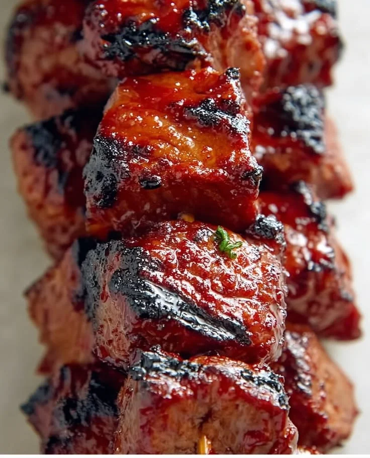 Grilled teriyaki steak kabobs on a skewer with colorful vegetables