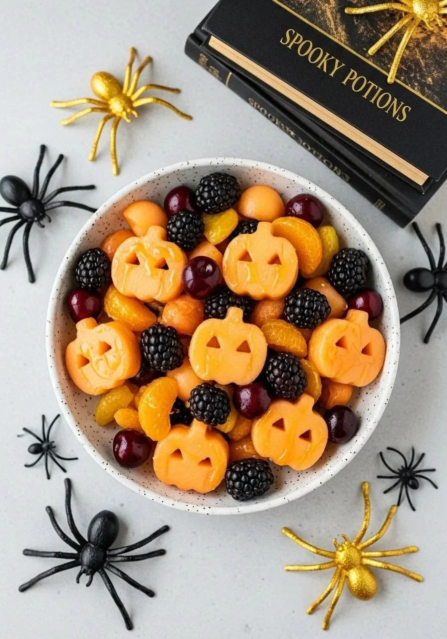 Colorful Halloween fruit salad with honey-orange dressing served in a bowl
