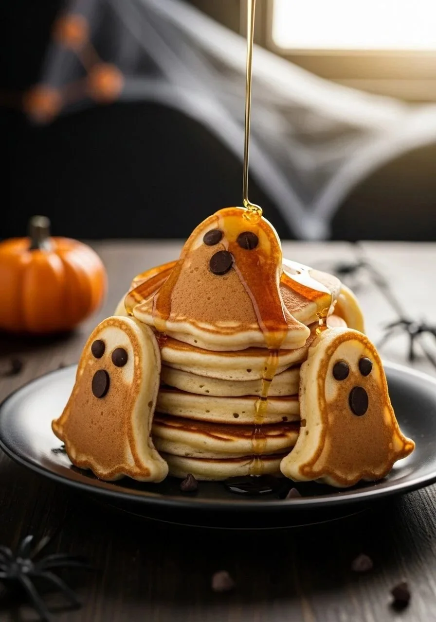 Halloween ghost pancakes with spooky designs on a plate