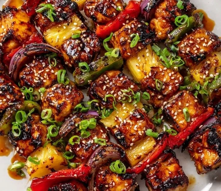 Hawaiian Turn Turn Chicken Kebabs on a grill with tropical garnishes