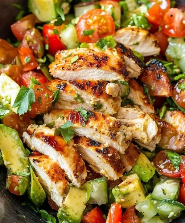 Healthy avocado chicken salad with fresh ingredients in a bowl.