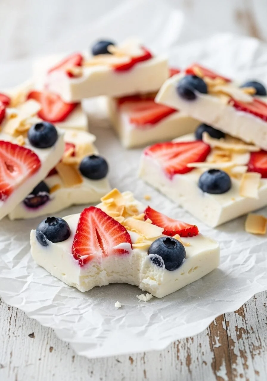 Healthy frozen yogurt bark topped with fruits and nuts