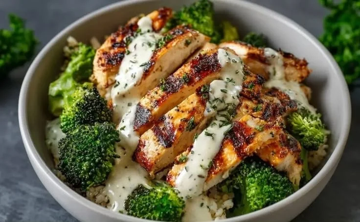 Healthy grilled chicken and broccoli bowl with creamy garlic sauce