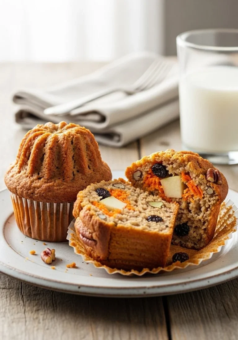 Healthy morning glory muffins with fruits and nuts on a plate