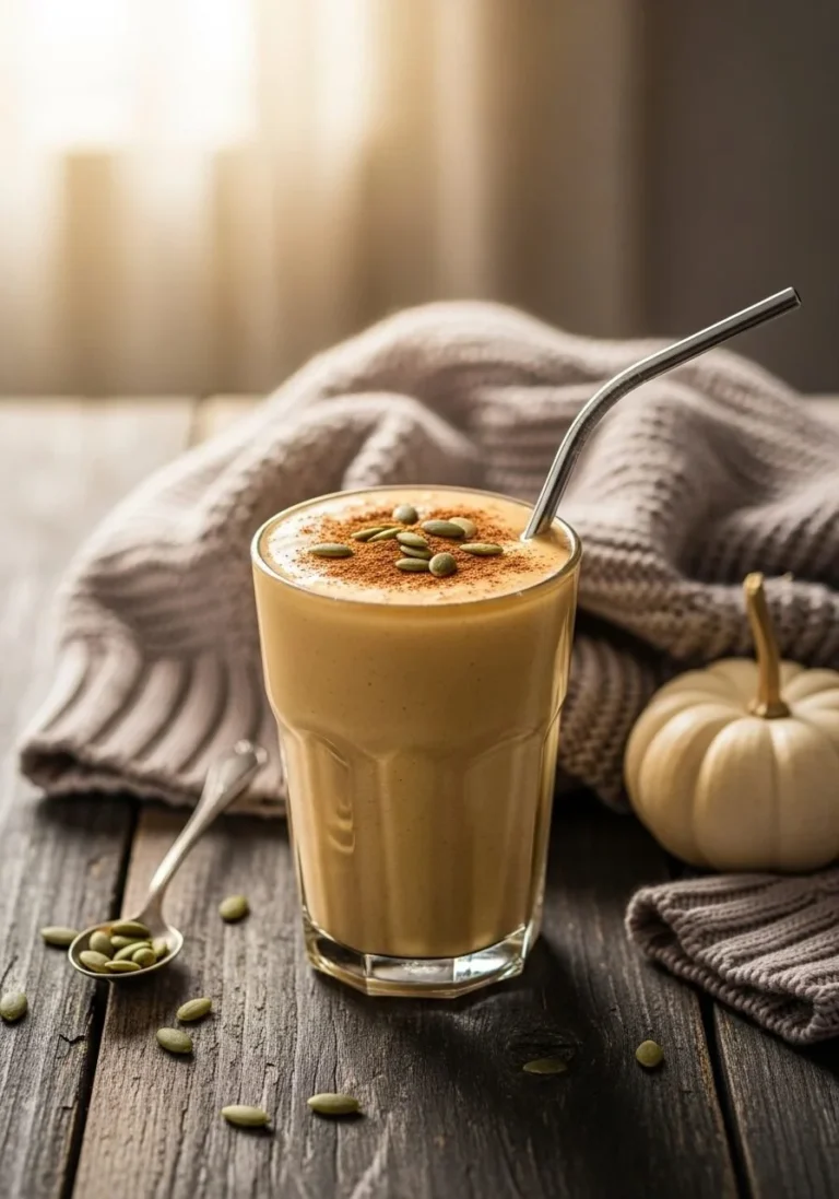 Healthy pumpkin spice smoothie served in a glass with autumn decor