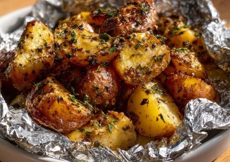 Herb-seasoned grilled potatoes wrapped in foil on the grill.