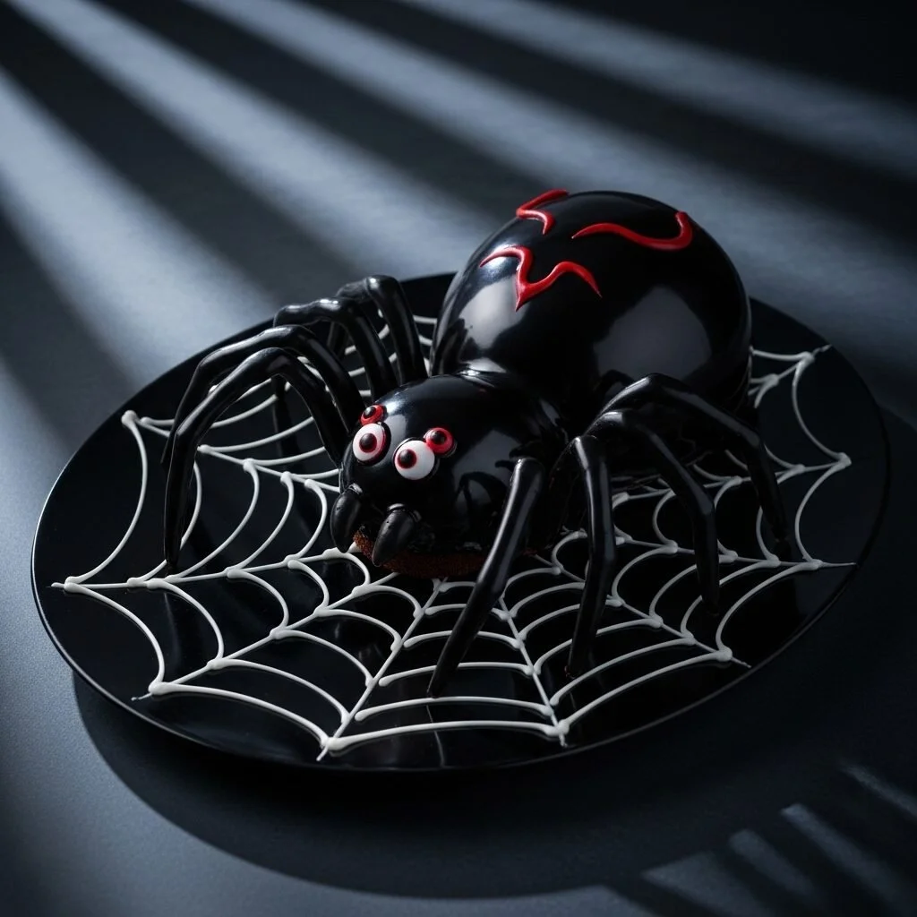 A spooky Hidden Horror Black Widow Cake adorned with black icing and cobweb designs.