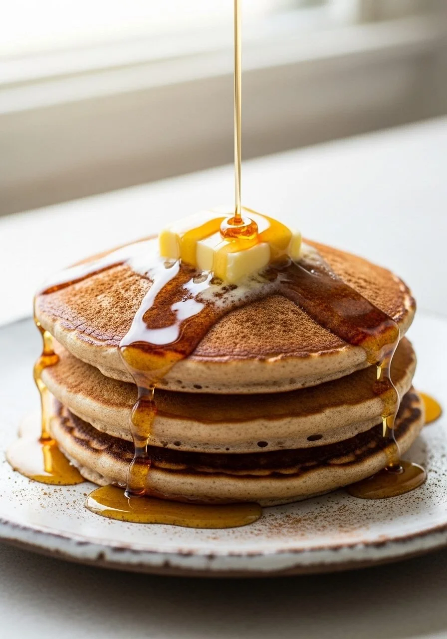 High-protein cinnamon pancakes stacked on a plate with syrup and cinnamon