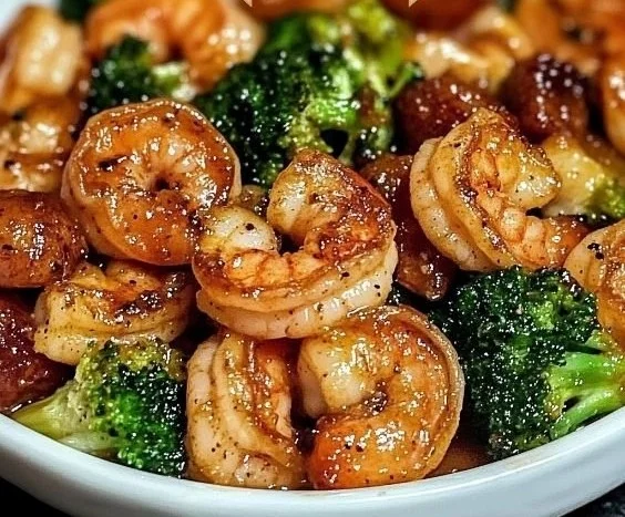 High-protein honey garlic shrimp served with vegetables on a plate.