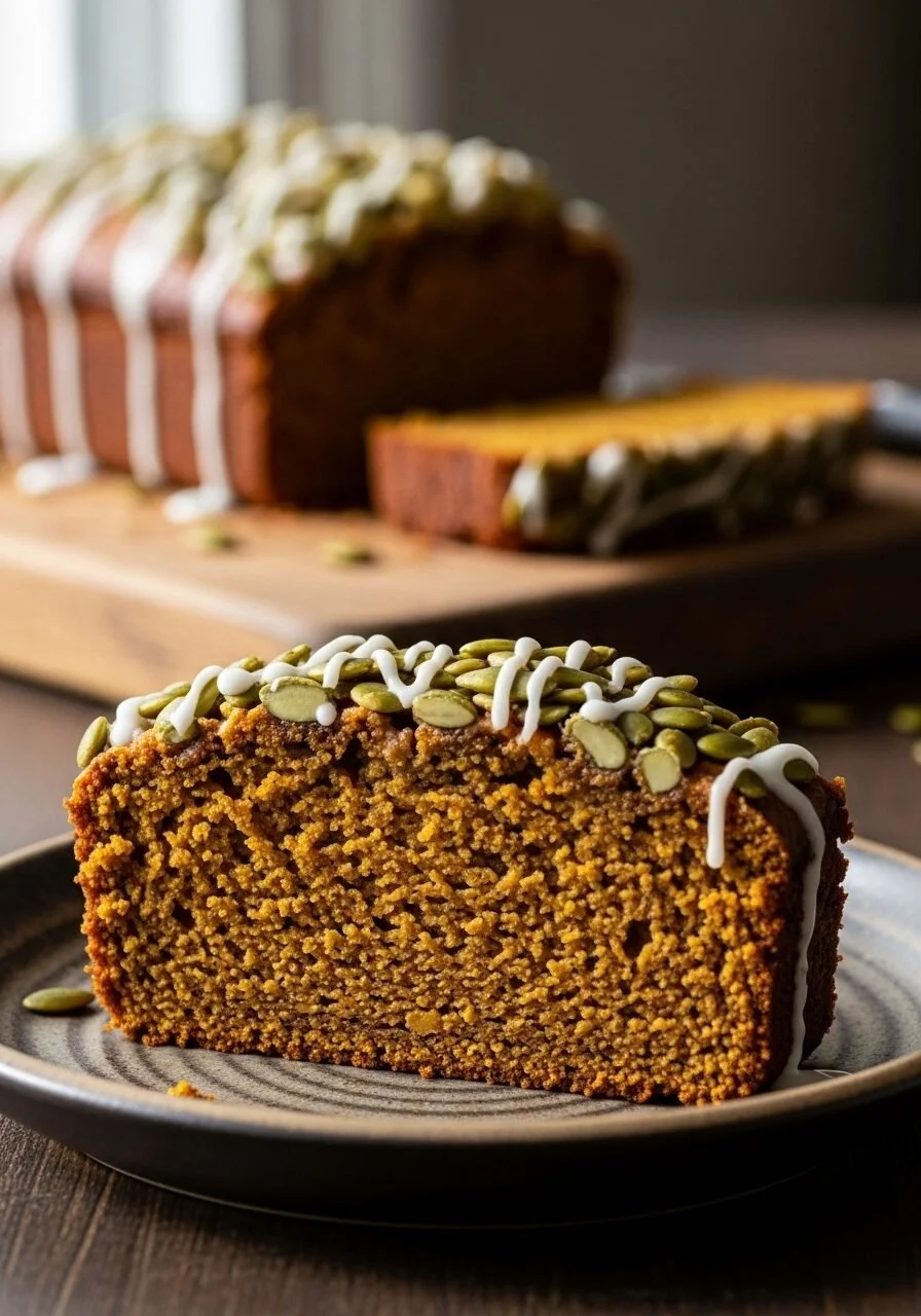 Slice of high-protein pumpkin bread on a wooden board