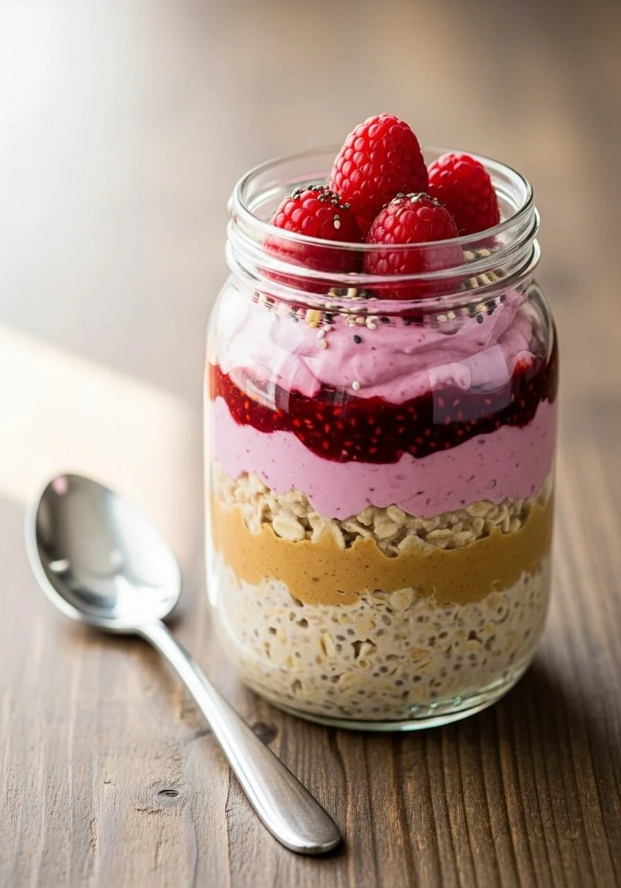 High-protein raspberry and peanut butter overnight oats in a glass jar