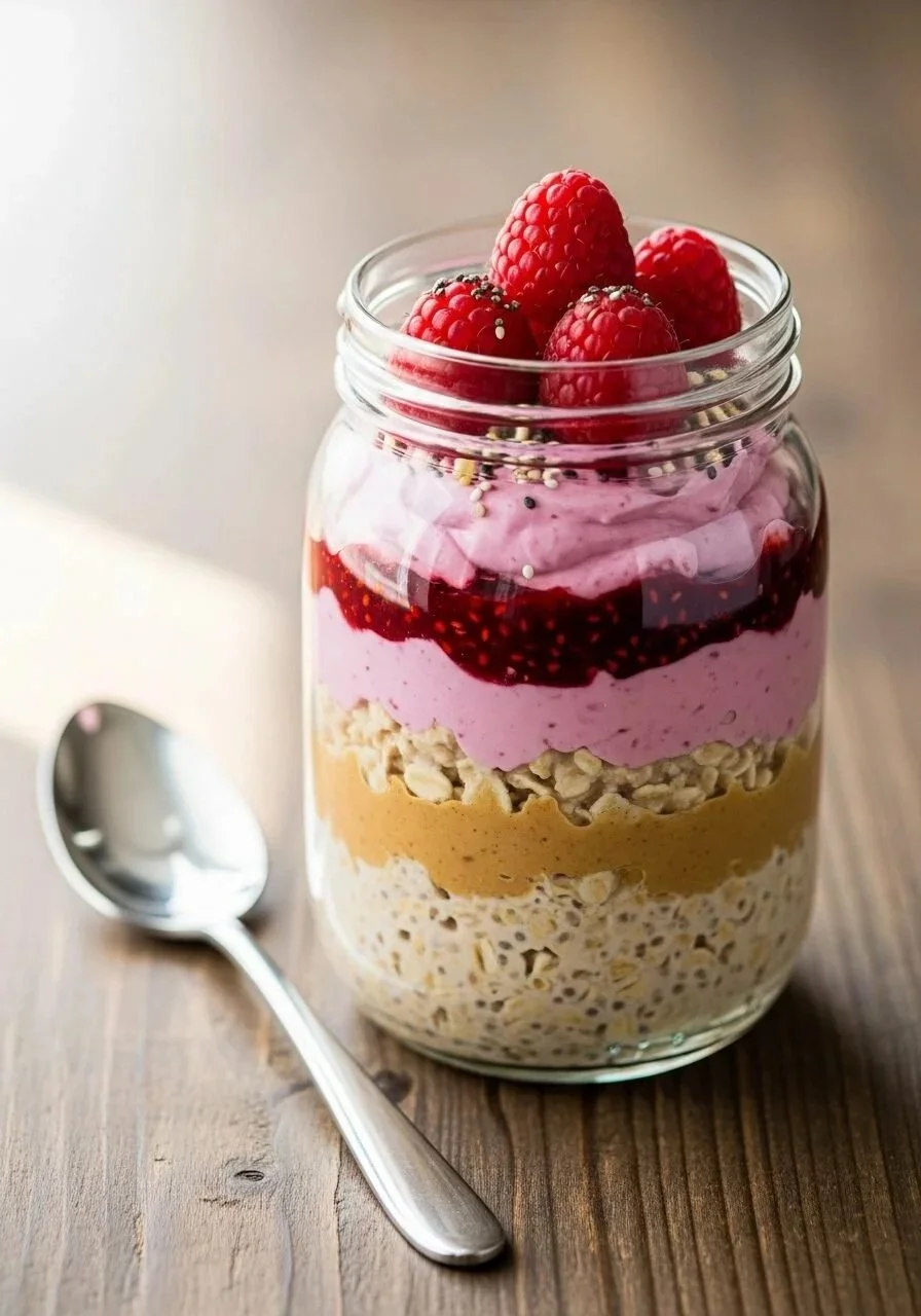 High-protein raspberry and peanut butter overnight oats in a glass jar