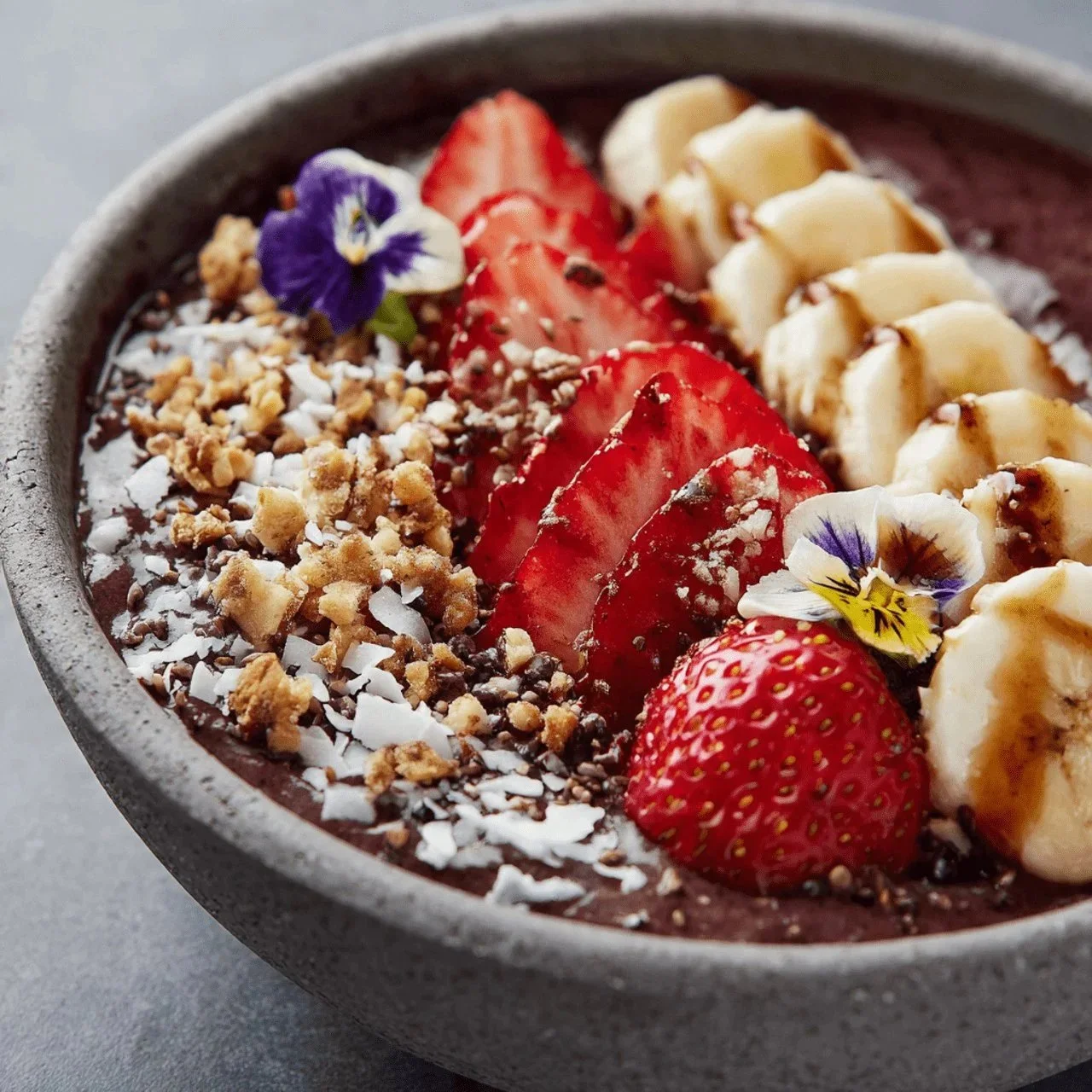 A vibrant homemade acai bowl topped with fresh fruits and granola