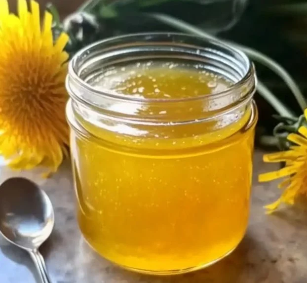 Homemade dandelion jelly in a jar with blooming dandelions