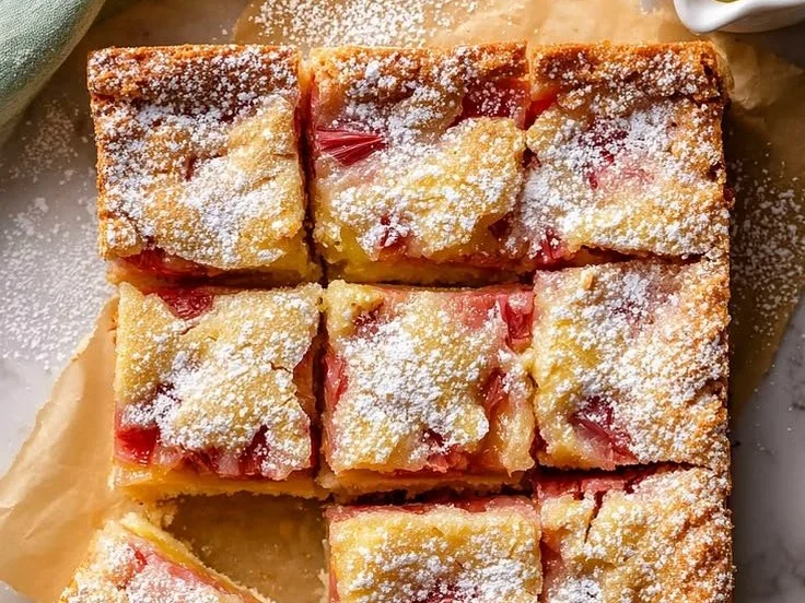 Delicious homemade lemon rhubarb bars on a plate, garnished with fresh rhubarb.