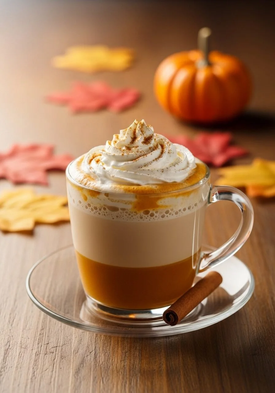 Homemade pumpkin spice latte in a cozy mug with whipped cream and cinnamon.
