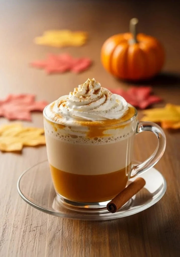 Homemade pumpkin spice latte topped with whipped cream and spices