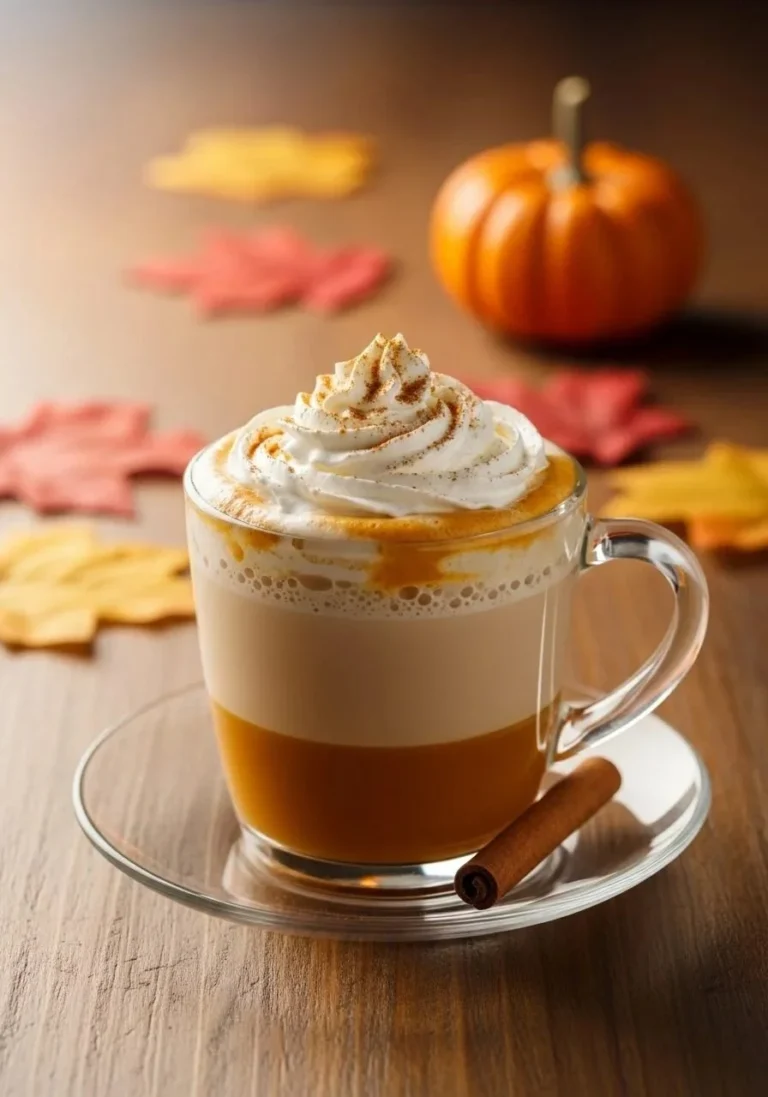 Homemade pumpkin spice latte topped with whipped cream and spices