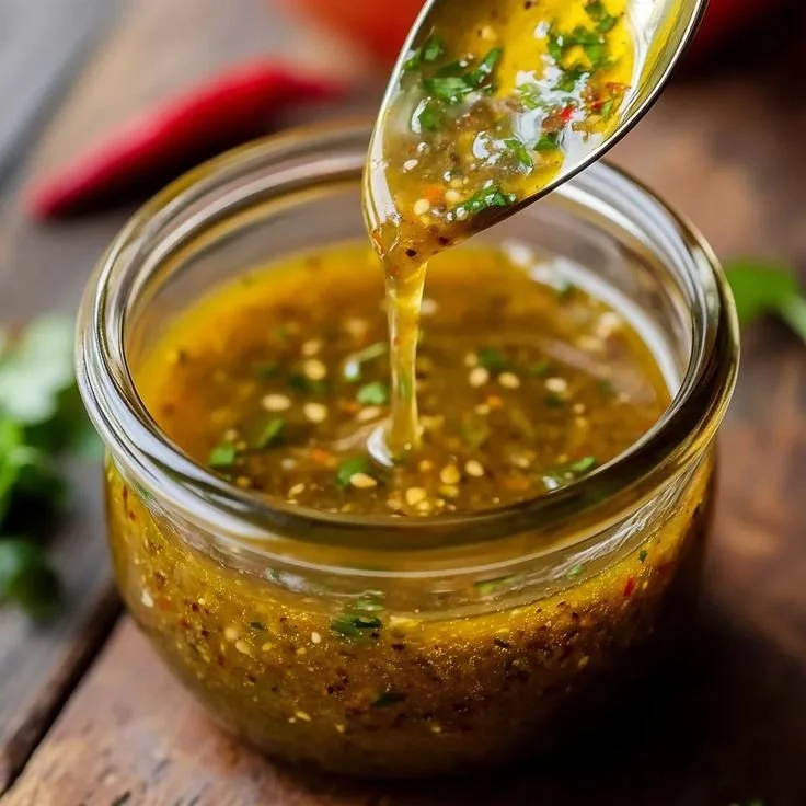 A jar of homemade vinaigrette dressing surrounded by fresh salad ingredients.