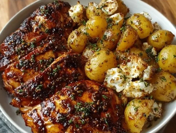 Delicious honey BBQ chicken potatoes served on a plate with garnishes.