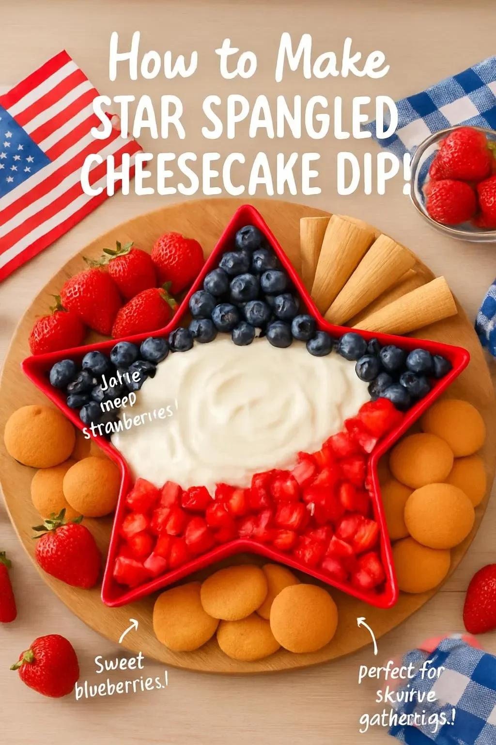 Star spangled cheesecake dip with red, white, and blue toppings