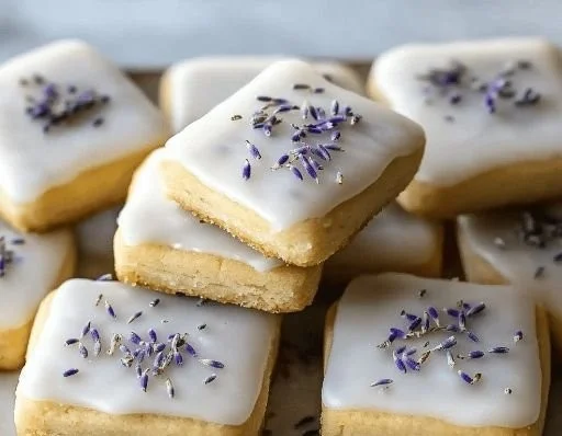Iced lemon lavender shortbread cookies arranged on a plate with a lemon slice