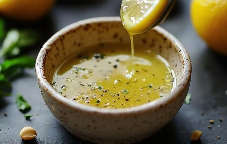 Ina Garten's lemon vinaigrette dressing poured over fresh salad
