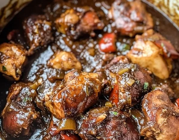 Delicious Jamaican Brown Stew Chicken served with rice and vegetables.