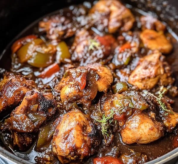 Delicious Jamaican brown stew chicken served with rice and vegetables