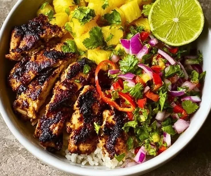 Delicious jerk chicken bowl garnished with vibrant pineapple salsa.