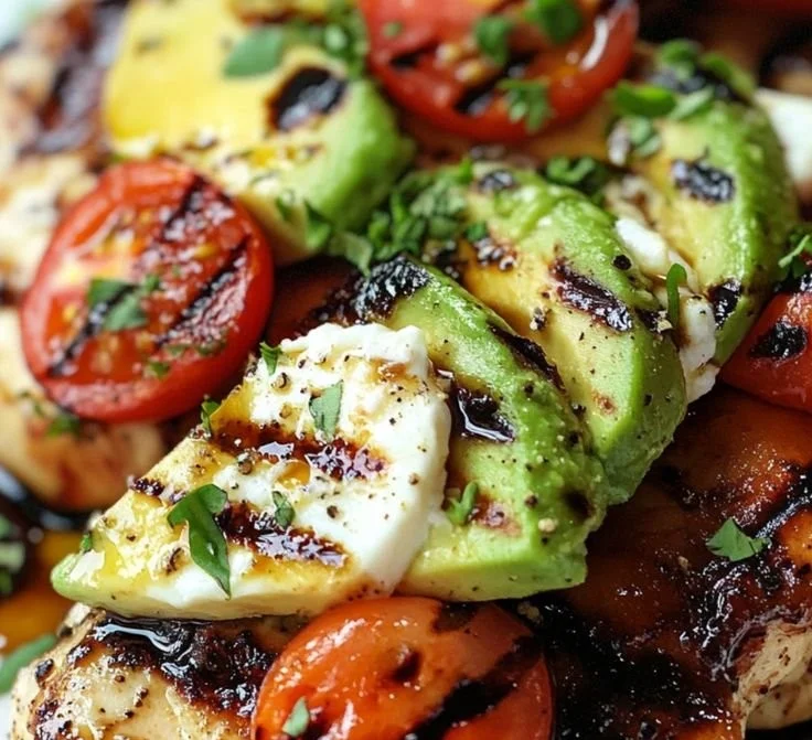 Juicy grilled California avocado chicken served with fresh herbs and lime.