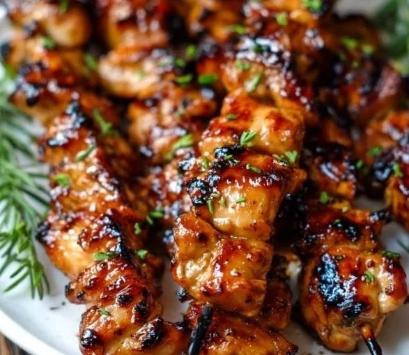 Juicy Honey Garlic BBQ Chicken Skewers on the grill
