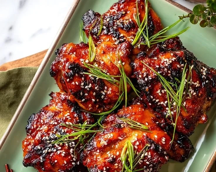 Juicy Japanese BBQ Chicken Thighs on a grill, ready to serve