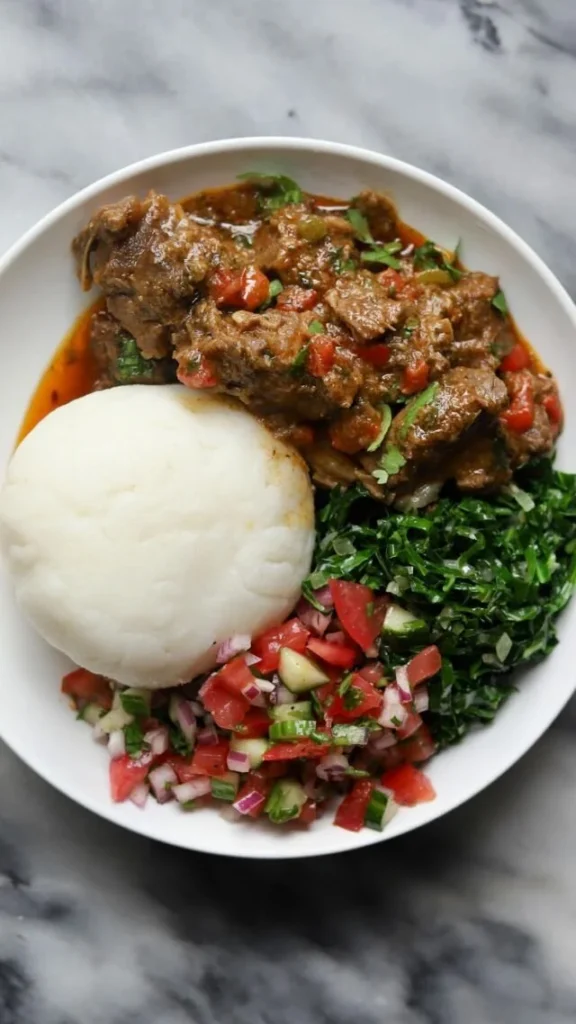 Delicious Kenyan Goat Wet Fry served with collard greens and tomato onion salad