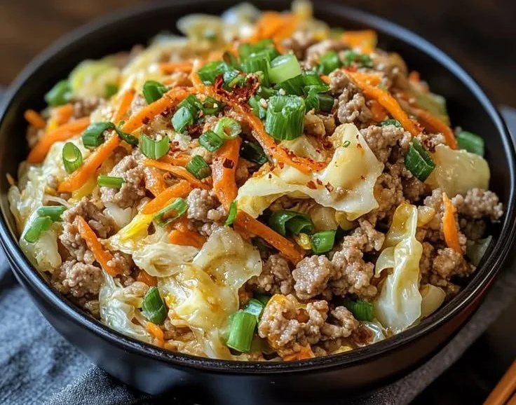 Bowl of Keto Egg Roll with colorful vegetables and seasonings, low-carb meal