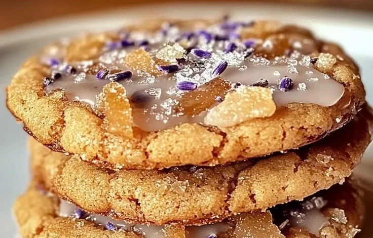 Lavender honey crunch cookies with a sprinkle of honey and lavender flowers